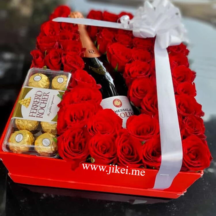 Flower box with wine and Ferrero 16pcs