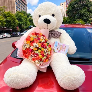 100cm white teddy bear with 60 mixed roses birthday gift in Nairobi