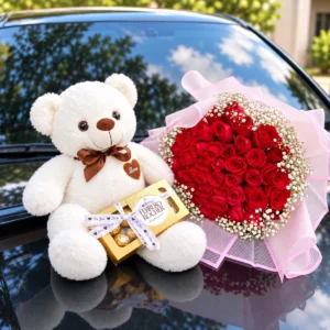 red roses with 60cm white teddy bear and Ferrero Rocher chocolates in Nairobi