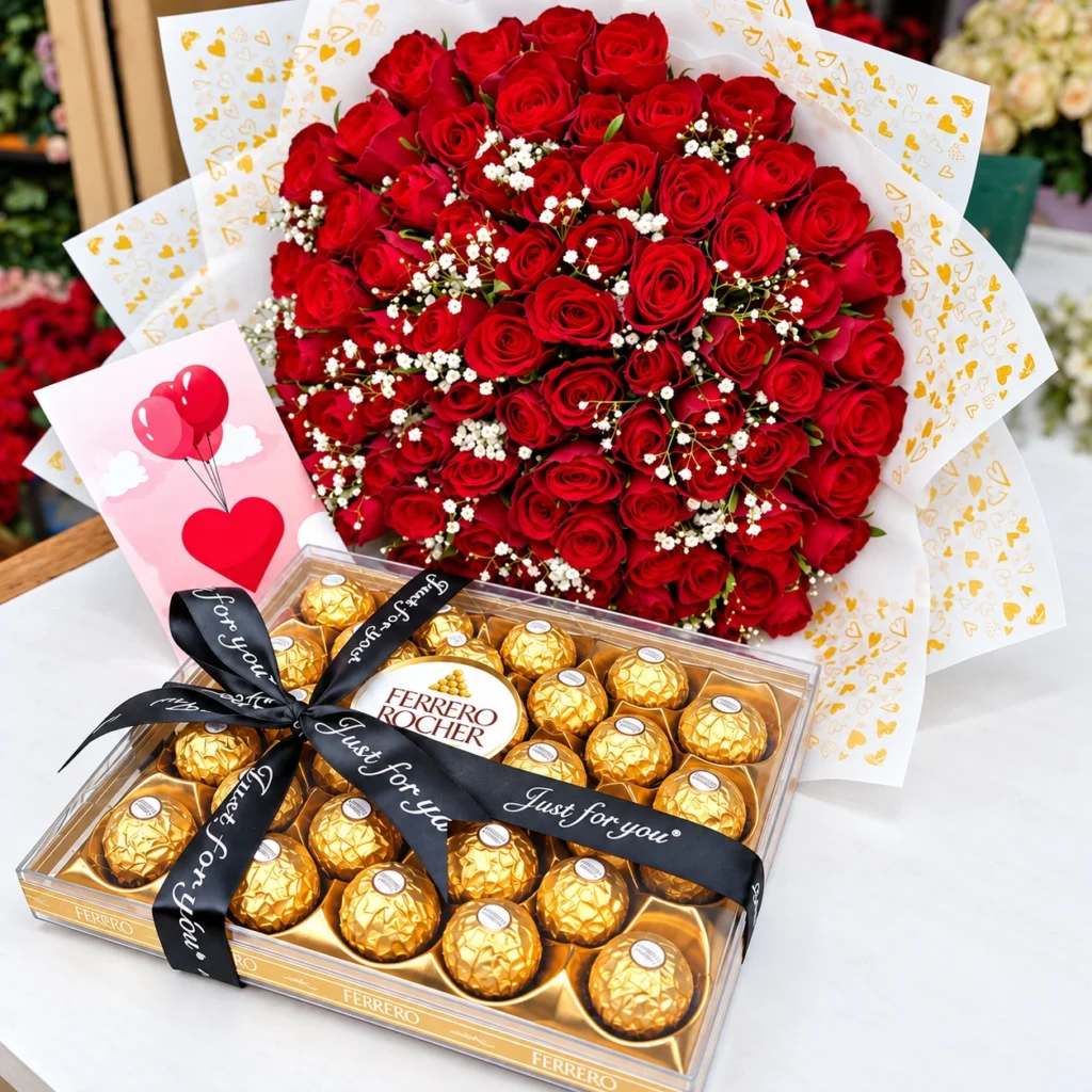 90 red roses bouquet with Ferrero Rocher 24 pieces in Nairobi