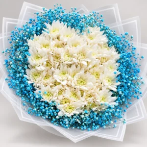 White chrysanthemums bouquet with blue baby's breath in Nairobi