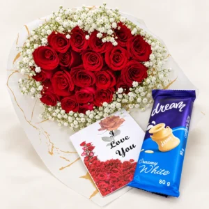 Red roses bouquet with Love You card and chocolate gift in Nairobi