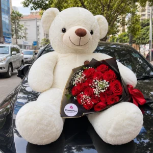 100cm white teddy bear with red roses bouquet in Nairobi