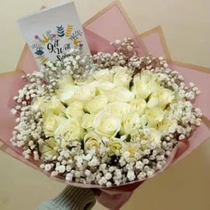 Get well soon white roses bouquet with baby's breath in Nairobi