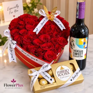 Red rose heart box with Versus wine and 8-piece Ferrero Rocher chocolates in Nairobi