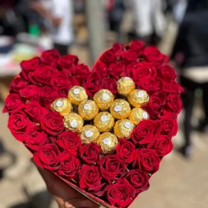 Heart-shaped red roses arrangement with Ferrero Rocher chocolates in Nairobi