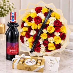 Mixed red yellow and white roses with 4th Street wine and Ferrero Rocher chocolates in Nairobi