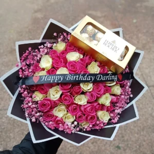 Pink and white roses birthday bouquet with Ferrero Rocher chocolates in Nairobi