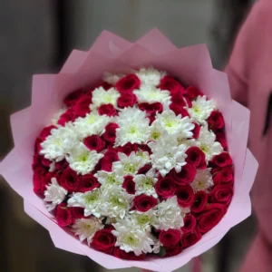 Red roses and white chrysanthemums bouquet with pink wrapping in Nairobi