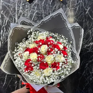 Red and white roses bouquet with baby's breath in Nairobi