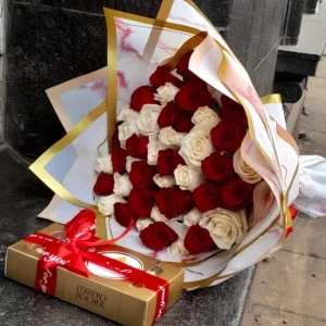 Red and white roses bouquet with Ferrero Rocher chocolates in Nairobi
