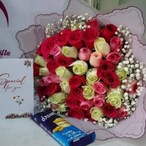 Mixed red pink and white roses with chocolate delivery in Nairobi